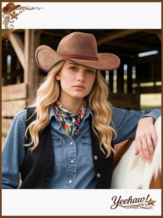 Classic Felt Wide Brim Cowboy Hat with Adjustable Strap for Women main image 5